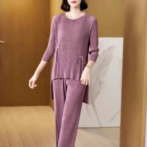 L229146 loose plus size fashionable versatile casual wide leg pants set with tie rope set：圖片 4