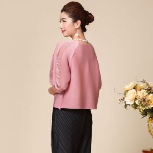 Jianing KW0032 hollow out small top pleated women's round neck seven quarter sleeve princess style mom style loose pleated：圖片 3