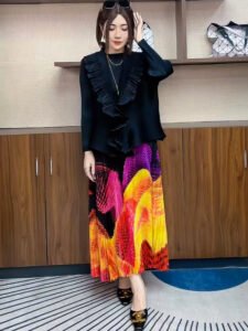 Miyake pleated new gradient color temperament printed pleated skirt cross-border European, American, Middle Eastern women's half skirt stylish：圖片 4