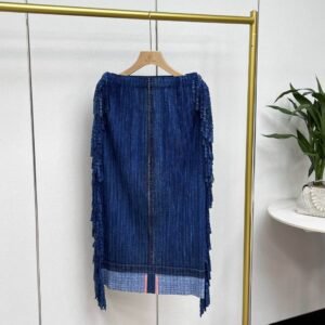 Jia Ning's new style temperament is summer fashion, simple elastic band, side tassel denim half skirt, pleated mid length skirt：圖片 3