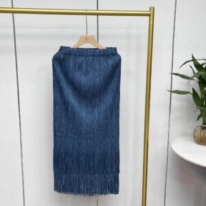 Jia Ning's new elastic band mid length half skirt, double-layer denim color tassel half skirt, Japanese and Korean casual style A-line skirt