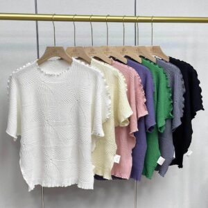 Jia Ning's new loose short sleeved summer round neck geometric pleated top, fresh and sweet casual short sleeved T-shirt, versatile：圖片 2