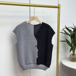 Y230920 Versatile Loose Sleeveless V-neck Head Color blocked Corn Fold Vest Top：圖片 6