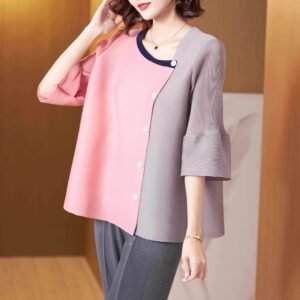 Jianing Summer New Style Versatile Fashion Spring and Summer Color blocked Cardigan Top Women's Knitted Shirt
