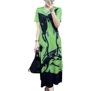 Jia Ning pleated summer new loose dress pleated skirt socialite style slimming temperament mid length skirt round neck short sleeved dress：圖片 5