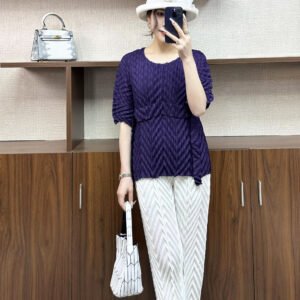 Jia Ning's new popular round neck simple plus size short sleeved fashionable women's pullover belt W-fold top