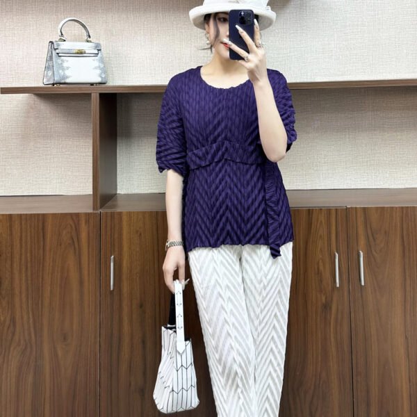 Jia Ning's new popular round neck simple plus size short sleeved fashionable women's pullover belt W-fold top