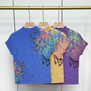 Jianing women's summer short cut round neck printed butterfly corn pleated top with artistic retro style printed short sleeved T-shirt：圖片 3