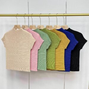Y230885 new slim fit versatile temperament round neck high neck dotted corn pleated top：圖片 2