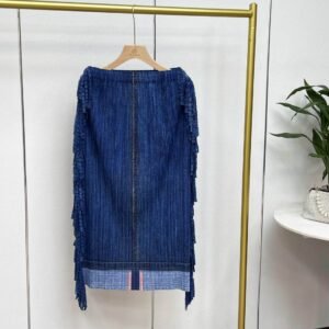 Jia Ning's new style temperament is summer fashion, simple elastic band, side tassel denim half skirt, pleated mid length skirt