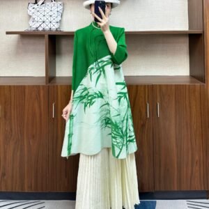 Jialing Literature and Art Retro Style Stand up Collar Seven Sleeve Mid length Skirt Set Head Plate Buckle A-line Skirt Printed Bamboo Leaf Dress