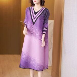 K221134 New Gradient Color Splicing Versatile Medium to Long V-neck Dot Dress