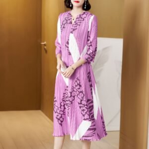 Jia Ning loose leopard print vertical stripe medium long mom dress fresh, sweet, gentle pleated skirt women's dress