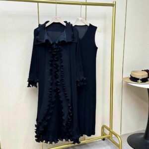 Jia Ning's new western-style plus size solid color women's long two-piece set with lapel and mushroom edge skirt set：圖片 9