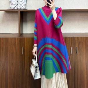 New Jia Ning pleated large size loose fashionable women's high collar mid-length dress high collar new rainbow skirt：圖片 3