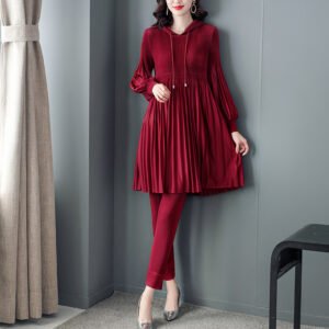 Jia Ning Wrinkle Set 2021 Spring New Women's Fashion and Western Style Aging Reduction Hooded Long Sleeve Two Piece Set K201206：圖片 3