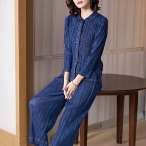 K221117 Jia Ning pleated fashionable denim color suit top set, Japanese and Korean casual 9-quarter sleeve commuting city：圖片 5