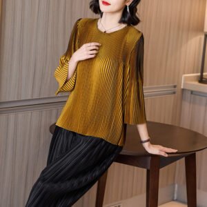 K221046 Jia Ning pleated Nanyou high-end vertical stripe pleated fashionable high elasticity casual loose oversized commuter top