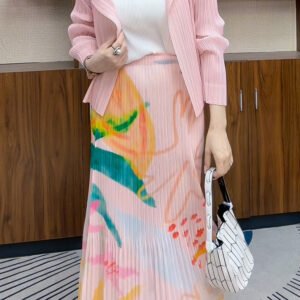 Miyake 2024 Summer New Casual Half Skirt High Waist Printed Temperament Pink Versatile Folded Long Skirt Concealing Meat
