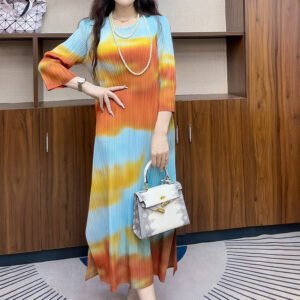2024 Summer New Product: Miyake Fold Round Neck Printed Temperament Versatile Loose Dress, Fold New Style, Blended：圖片 4