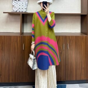 New Jia Ning pleated large size loose fashionable women's high collar mid-length dress high collar new rainbow skirt：圖片 5