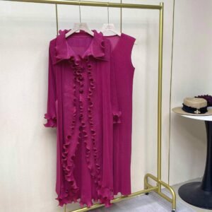 Jia Ning's new western-style plus size solid color women's long two-piece set with lapel and mushroom edge skirt set：圖片 10