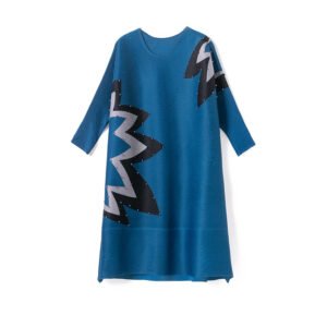 K221074 Jia Ning pleated style printed nail bead dress for commuting and leisure, large size, loose nine inch sleeves, medium length skirt：圖片 5