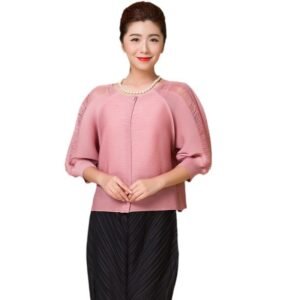 Jianing KW0032 hollow out small top pleated women's round neck seven quarter sleeve princess style mom style loose pleated：圖片 8