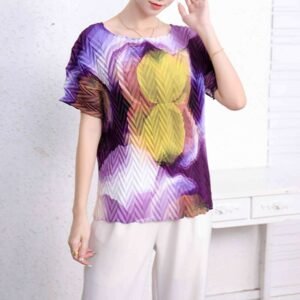 Jia Ning's new temperament round neck fashionable short sleeved loose gourd print pleated top：圖片 6