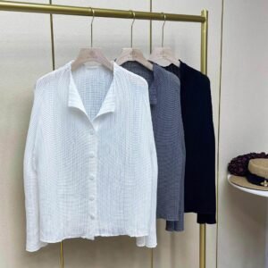 Jia Ning's new versatile and minimalist women's clothing with loose and slimming long sleeves, thin 5-button corn fold top：圖片 5