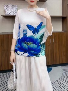 New Miyake Wholesale Wrinkled Fashion Women's Wear Slimming Top Wrinkled Bat Sleeve Butterfly Printed Women's T-shirt Summer：圖片 8