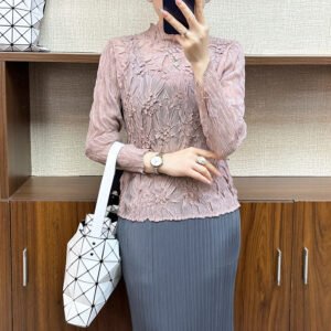 Jia Ning's new breathable pullover oversized slim fit elastic women's long sleeved shirt with a semi high collar and hand held floral long sleeved top：圖片 6