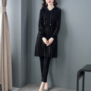 Jia Ning Wrinkle Set 2021 Spring New Women's Fashion and Western Style Aging Reduction Hooded Long Sleeve Two Piece Set K201206：圖片 5