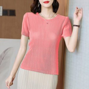 Jiatwisted pleated breathable high elasticity round neck dense pleated sports comfortable and refreshing short sleeved shirt with holes：圖片 8