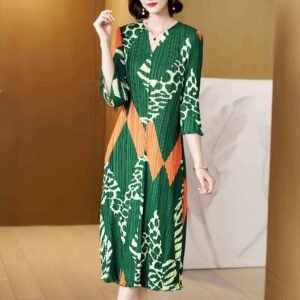 Jia Ning loose leopard print vertical stripe medium long mom dress fresh, sweet, gentle pleated skirt women's dress：圖片 4