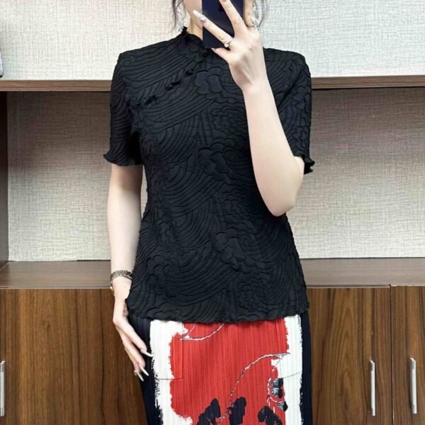 Jia Ning's new summer short sleeved style pullover for women's clothing, slimming down with a new Chinese style buckle embroidered short sleeved top