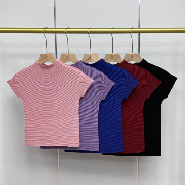 W230416 Jia Ning New Summer Versatile Round Neck Short Sleeve T Clear Color Corn Fold Top Japanese and Korean Casual Style Versatile