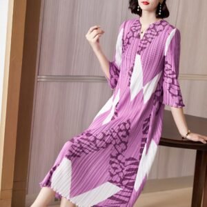 Jia Ning loose leopard print vertical stripe medium long mom dress fresh, sweet, gentle pleated skirt women's dress：圖片 3