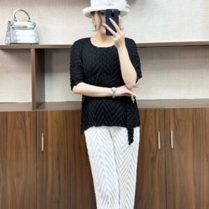 Jia Ning's new popular round neck simple plus size short sleeved fashionable women's pullover belt W-fold top：圖片 5