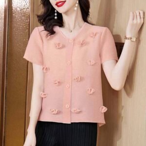 Jia Ning Fashion New Round Neck Summer Short Sleeve Nail Flower Cardigan Top Fresh, Sweet, Loose Short Sleeve Elegance