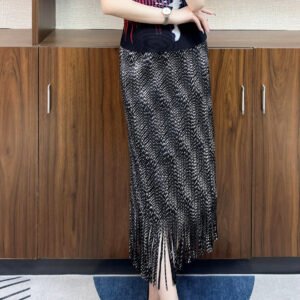 Retro plus loose casual elastic waistband, mid to long length women's half skirt, hot stamping tassel half skirt
