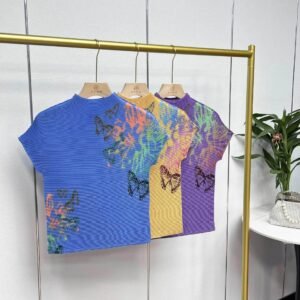 Jianing women's summer short cut round neck printed butterfly corn pleated top with artistic retro style printed short sleeved T-shirt：圖片 5