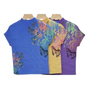 Jianing women's summer short cut round neck printed butterfly corn pleated top with artistic retro style printed short sleeved T-shirt：圖片 6