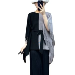 Jia Ning pleated round neck plus size slimming loose fitting pullover simple women's casual color blocked tassel top：圖片 8