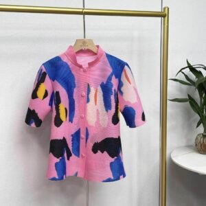 K231224 new summer cardigan stand up collar short sleeved graffiti cardigan top：圖片 7