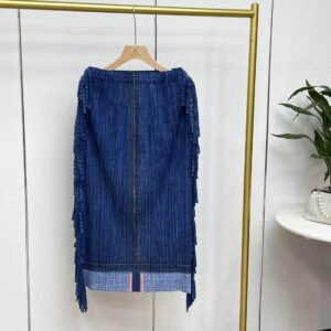 Jia Ning's new style temperament is summer fashion, simple elastic band, side tassel denim half skirt, pleated mid length skirt：圖片 7