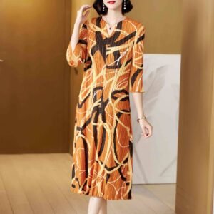 K221161 Large Loose Mom Style Long Three Line Vertical Strip Dress