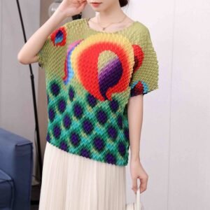 Jia Ning's new temperament round neck short sleeved breathable summer peacock pineapple plaid top：圖片 8