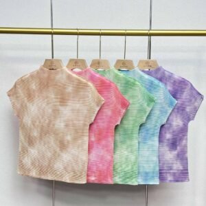 Jia Ning Summer Women's Short Sleeves, High Collar Tie Dyed Short Sleeves Top, Japanese and Korean Casual, Simple, Slimming, Short Fashion