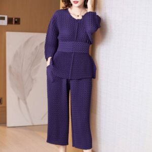 K221120 Jia Ning Fold Three Dimensional Ripple Set Japanese and Korean Leisure Fashion Versatile Leisure Summer Solid Color Nine Points：圖片 2
